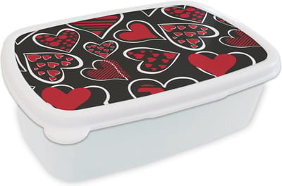 Broodtrommel Wit - Lunchbox - Brooddoos - Meisjes - Hart - Liefde - Patronen - Girl - Kids - Kinderen - Kind - 18x12x6 cm - Volwassenen