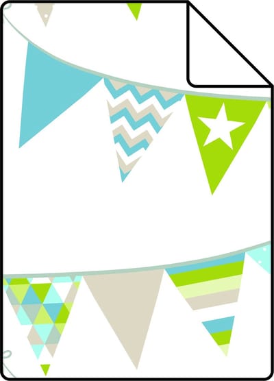 Proefstaal ESTAhome behang vlaggetjes turquoise, limegroen en beige - 26.5 x 21 cm - 138719-S