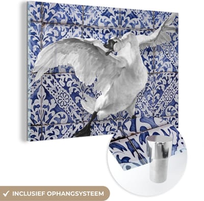 MuchoWow® Glasschilderij 120x80 cm - Schilderij acrylglas - Zwaan - Kunst - Delfts blauw - Schilderij - Oude meesters - Foto op glas - Schilderijen
