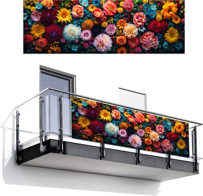 Balkonscherm 300x100 cm - Balkonposter Bloemen - Planten - Kleurrijk - Balkon scherm decoratie - Balkonschermen - Balkondoek zonnescherm