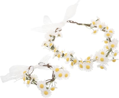 Bloemenkrans en Polsband - Madelief Set - Feestelijke Accessoires - Handgemaakt Stoffen Ontwerp - 18x16x3 cm