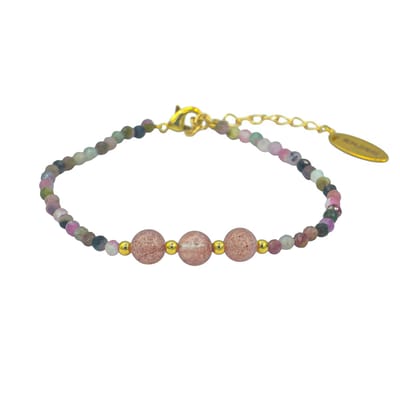 Toermalijn & Aardbeienkwarts Armband - Goudkleurig Stainless Steel - 16 + 5 cm
