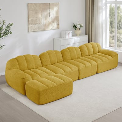 MODENUIT Hoekbank Modulaire 4-Zits - Met Ottoman En Diepe Zitting - Voor Woonkamer En Appartement - Fleece Geel