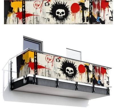 Balkonscherm 500x110 cm - Balkonposter Graffiti - Schedel - Abstract - Rood - Balkon scherm decoratie - Balkonschermen - Balkondoek zonnescherm