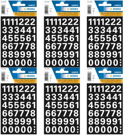 Herma Stickervel nummers - cijfers / getallen - 0 t/m 9 - 6x vellen - wit - 15 mm - watervast