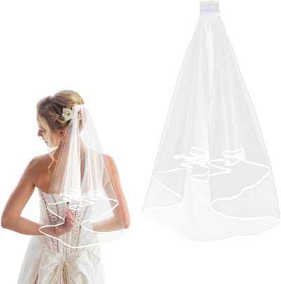 Korte trouwsluier met kam, 2 lagen tulle, ellebooglengte, met lintrand, perfect voor bruiden, 60-80 cm