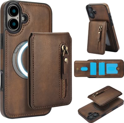 Stravo Leather Hoesje Case – Wallet Leer & Leren Cover – Geschikt voor iPhone 16 Plus – Leren Leather Portemonneehoes met Kaarthouder – 2-in-1 Afneembare PU Leren Flip Case met RFID-bescherming, Kickstand, MagSafe – Bruin