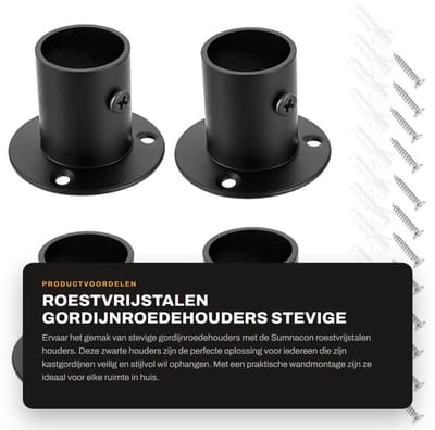 Dailygoods- Gordijnroedehouder - 4 Stuks - Roestvrij Staal - Zwart - Steun voor Kastgordijn - Geschikt voor Pijpdiameter 23-25 cm - Gordijnsteun