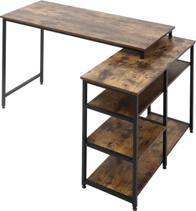 Hoekbureau, L-vormig bureau, pc-bureau, computerbureau, kantoorbureau, plank, lade, L-vormig, spaanplaat, metaal, rustiek bruin, 135 x 90 x 79 cm