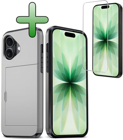 Hoes Geschikt voor iPhone 17 Hoesje Hard Case Met Pas Houder Met Screenprotector - Hoesje Geschikt voor iPhone 17 Hoes Shockproof Hard Cover Met Kaarthouder - Grijs