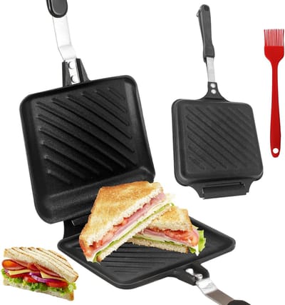 Dubbele Koekenpan - Tosti Pan - Broodjes Maken - Dubbelzijdig Bakken - 35 x 15 cm - Zilver