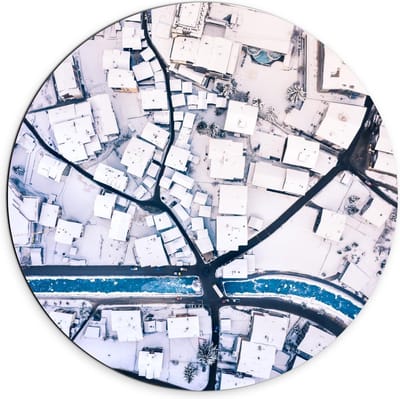 Dibond Wandcirkel - Bovenaanzicht Stad  - 70x70cm Foto op Aluminium Wandcirkel (met ophangsysteem)