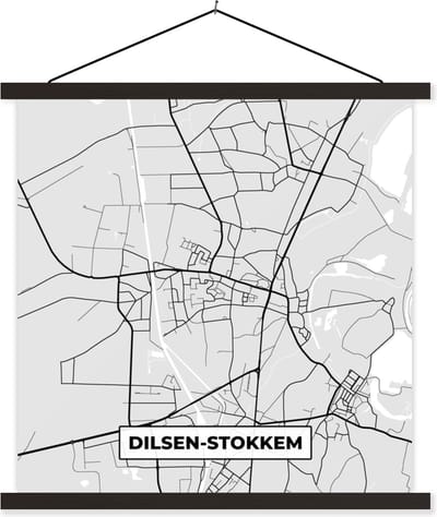 Posterhanger incl. Poster 60x60 cm - Schoolplaat - België – Dilsen Stokkem – Stadskaart – Kaart – Zwart Wit – Plattegrond - Textielposter - Zwarte latten - Stadskaart