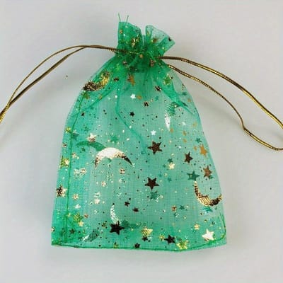 Lot de 100 sachets en organza transparent motif étoiles et lune, en gaze, pour bijoux, cadeaux de mariage vert