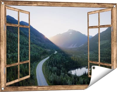 Gards Tuinposter Doorkijk Weg Door het Bergen Landschap - 90x60 cm - Tuindoek - Tuindecoratie - Wanddecoratie buiten - Tuinschilderij