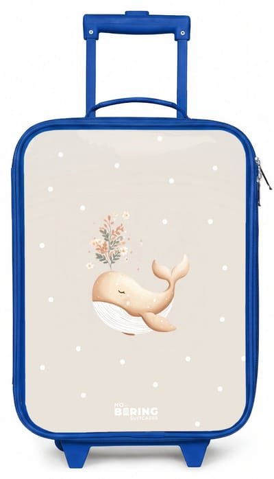 NoBoringSuitcases.com® - Kinderkoffer blauw - Kindertrolley jongen - Beige walvis in bloemenzee - Koffer kind lichtgewicht - Reiskoffer trolley voor kinderen - Koffertje met lichtgevende wieltjes - Rolkoffer