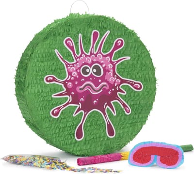 Lumaland - "Beat the Virus" Pinata set incl. pinata blinddoek, stok en 50 gr confetti - 50x50x15 cm - Groen/Rood