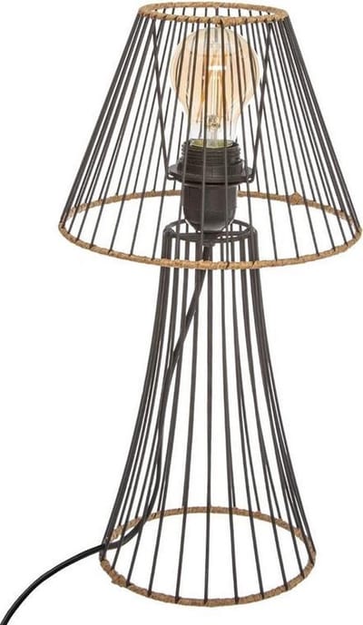Tafellamp draad staal zwart met rotan hoogte 38.5 cm