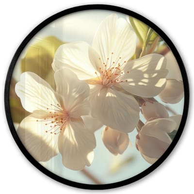 Poster in lijst Rond - Fotolijst 40x40 cm - Posters - Bloesems - Wit - Zonnestralen - Bloemblaadjes - Ronde posterlijst zwart - Decoratie - Wanddecoratie woonkamer - Muurdecoratie slaapkamer