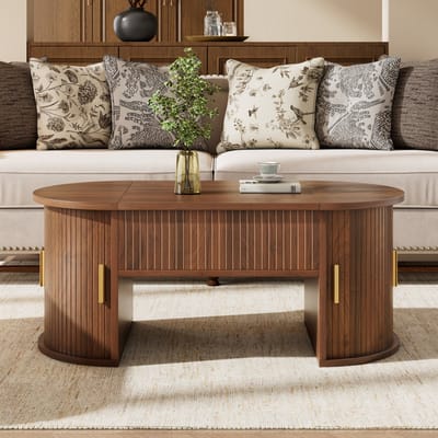 Moderne verstelbare salontafel - woonkamer salontafel met verstelbare hoogte - open legplanken en opbergruimte - walnotekleur