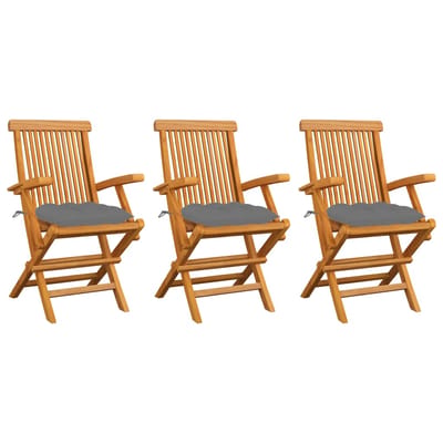vidaXL - Opklapbare - stoelen - met - grijze - kussens, - 3 - stuks, - massief - teakhout