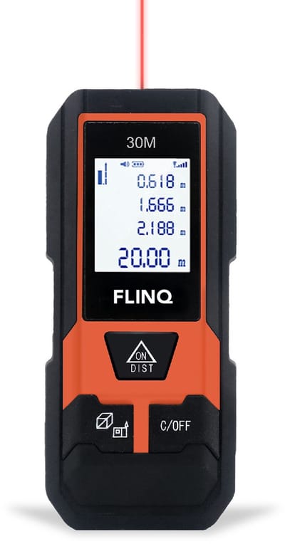 FlinQ Digitale Laser Afstandsmeter 30 m - Incl 2 batterijen - Aanpasbare meetreferentie - Lasermeter - Met geheugenfunctie - Zwart/Oranje