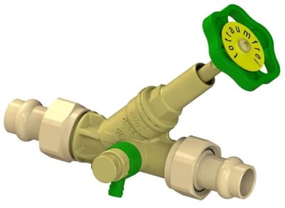 Schlösser Armaturen JS Vrijstroomventiel, met persaansluiting (buitendraad) MULTI, met aftapkraan, met stijgende spindel, DN15, persdiameter 15mm, DVGW gekeurd, 0015571500001