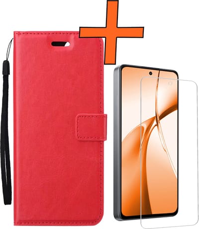 Hoes - Met Screenprotector - Geschikt voor OnePlus Nord CE4 - Luxe Pasjeshouder - Bookcase Portemonee - Flip Case - Kunstleer Book Case - Flipcase - Book Cover - Walletcase - PortemonneeHoes - Rood