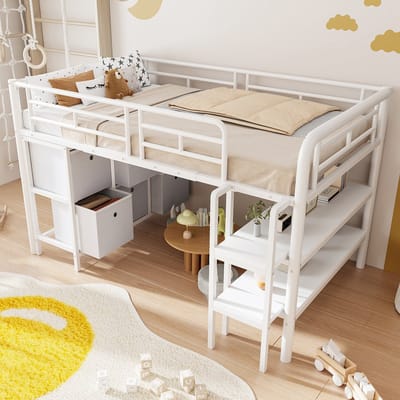 Hoogslaper 90x200cm - kinderbed met opbergruimte - met brede ladder - afgeronde hoeken - lade en plank - zonder matras - wit