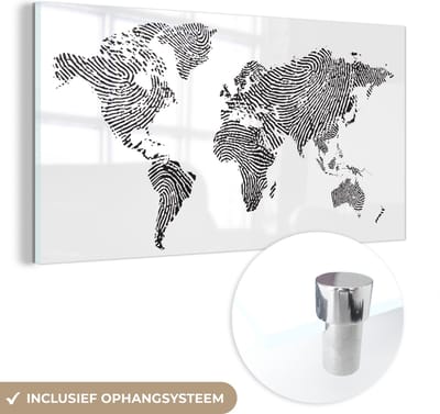 ® Glasschilderij 120x60 cm - Schilderij acrylglas - Wereldkaart - Vingerafdrukken - Zwart - Wit - Foto op glas - Muurdecoratie woonkamer - Wanddecoratie slaapkamer - Schilderijen