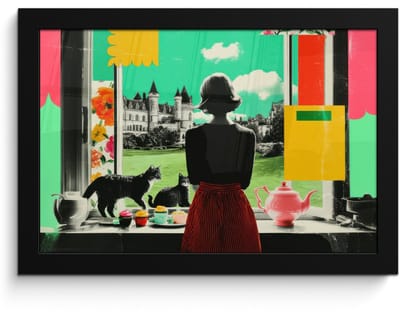 Poster in lijst - Fotolijst 30x20 cm - Posters - Vrouw - Keuken - Katten - Doorkijk - Posterlijst zwart - Decoratie - Wanddecoratie woonkamer - Muurdecoratie slaapkamer