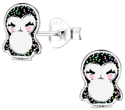 Joy|S - Zilveren pinguin oorbellen - 6 x 9 mm - met glittertjes en roze wangen - kinderoorbellen