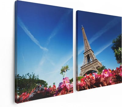 Artaza Canvas Schilderij Tweeluik Eiffeltoren In Parijs Met Bloemen - 120x80 - Foto Op Canvas - Canvas Print