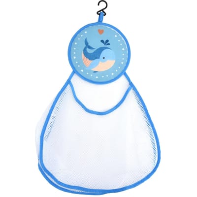 Opbergtas voor kinderspeelgoed in de badkamer met schattig cartoonpatroon, netvormig opbergnetje en mandje. blue
