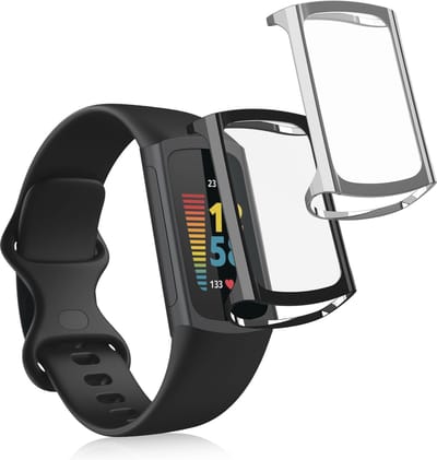 kwmobile 2x smartwatch hoes geschikt voor Fitbit Charge 6 / Charge 5 hoesje - Siliconen sporthorloge cover - Activity tracker case in zwart / zilver
