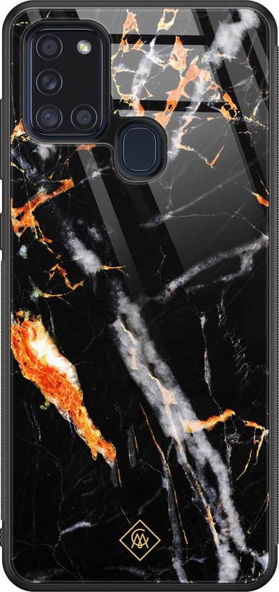 Casimoda® hoesje - Geschikt voor Samsung Galaxy A21s - Marmer Zwart Oranje - Luxe Hard Case Zwart - Backcover telefoonhoesje - Zwart