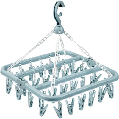 Droogrek voor sokken, droogrek om op te hangen met 32 klemmen, wasrek voor binnen en buiten, ophangen, draaibaar, opvouwbaar, voor sokken, ondergoed en kleine kleding, blauw