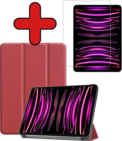 Hoesje - Geschikt voor Apple iPad Pro (2022) - 11 inch - 4e generatie - Met Screenprotector - Hardcover Book Case - Trifold Bookcase Hoes - Hard Cover - Tablethoes - Donkerrood