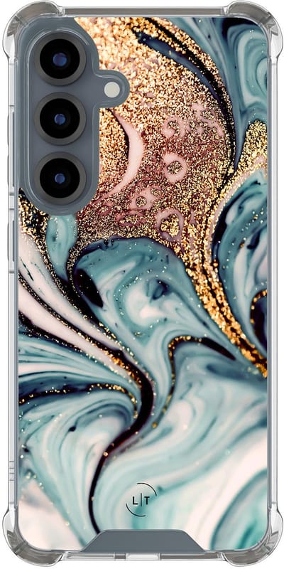 Shockproof hoesje - Geschikt voor Samsung Galaxy S25 - Marmer blauw goud - Extra sterke case - TPU/polycarbonaat - Marmer - Blauw, Goud, Transparant