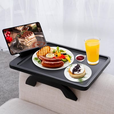 Bamboe Bank Armleuning Tafel met 360° Telefoonhouder - Clip-On Bijzettafel voor Sofa