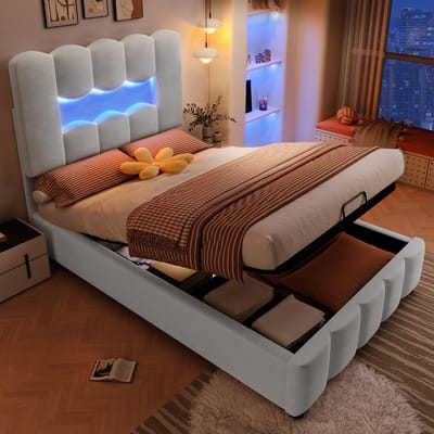 Gestoffeerd bed - 90 x 200 cm - zonder matras - ledverlichting - met hydraulisch systeem - verstelbaar hoofdeinde - fluweel - grijs