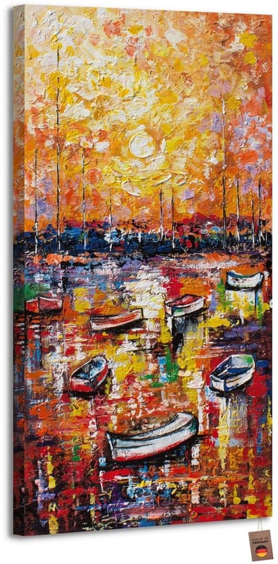 Canvas schilderij landschapsformaat handgeschilderd aanlegsteiger haven water – YS-Art Gallery – Luxe wanddecoratie voor woonkamer – Modern schilderij voor slaapkamer en hal