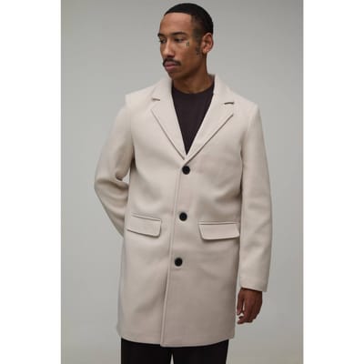Single Breasted Wool Look Overcoat in Beige | Size XL