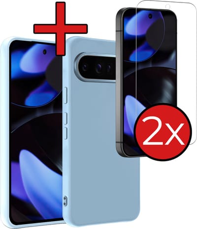 Hoesje - Met 2x Screenprotector - Geschikt voor Google Pixel 9 Pro - Sterk & Shockproof - Telefoon Hoes - Back Cover - Siliconen Case - Telefoonhoes - Lichtblauw