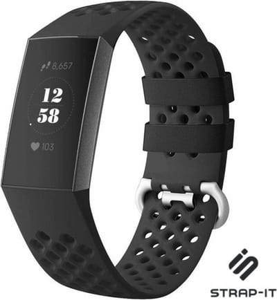 Strap-it Siliconen bandje met gaatjes - geschikt voor Fitbit Charge 3 / Fitbit Charge 4 - zwart - Maat: Maat S