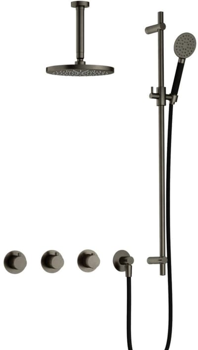 Hotbath Cobber - CB7067 - Inbouw Regendoucheset - Verouderd Ijzer - 2 Stopkranen - Thermostatisch - Plafondbuis 15 cm - Hoofddouche 200 mm - Ronde Handdouche 3 Standen - Glijstang 900 mm - Waterbesparend