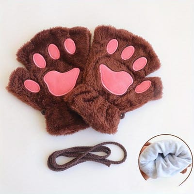 Gants d'hiver en fausse fourrure pour femmes, ours en peluche, patte de chat, mitaines sans doigts, chaton mignon, gants de noël et d'halloween pour femmes café