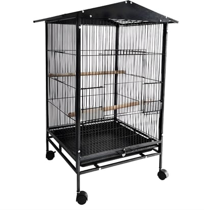 Vogelkooi Papegaaienkooi - Voor Kleine Papegaaien & Parkieten - 33 Inch Staande Smeedijzeren Kooi met Wielen en Voederbak - Rolstandaard - parkietenkooi - zwart