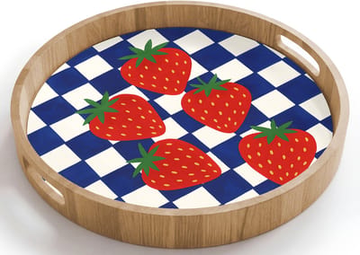 Dienblad rond 40x40 cm - Schootdienblad hout - Geblokt - Blauw - Aardbeien - Borrelplank rechthoek - Plateau houten dienbladen