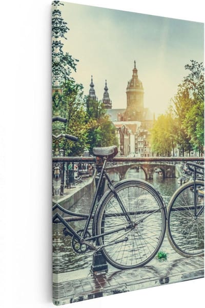 Artaza Canvas Schilderij Amsterdam - 80x120 cm - Groot - Wanddecoratie Grachten - Muurdecoratie Fiets - Schilderijen Op Canvas Stad